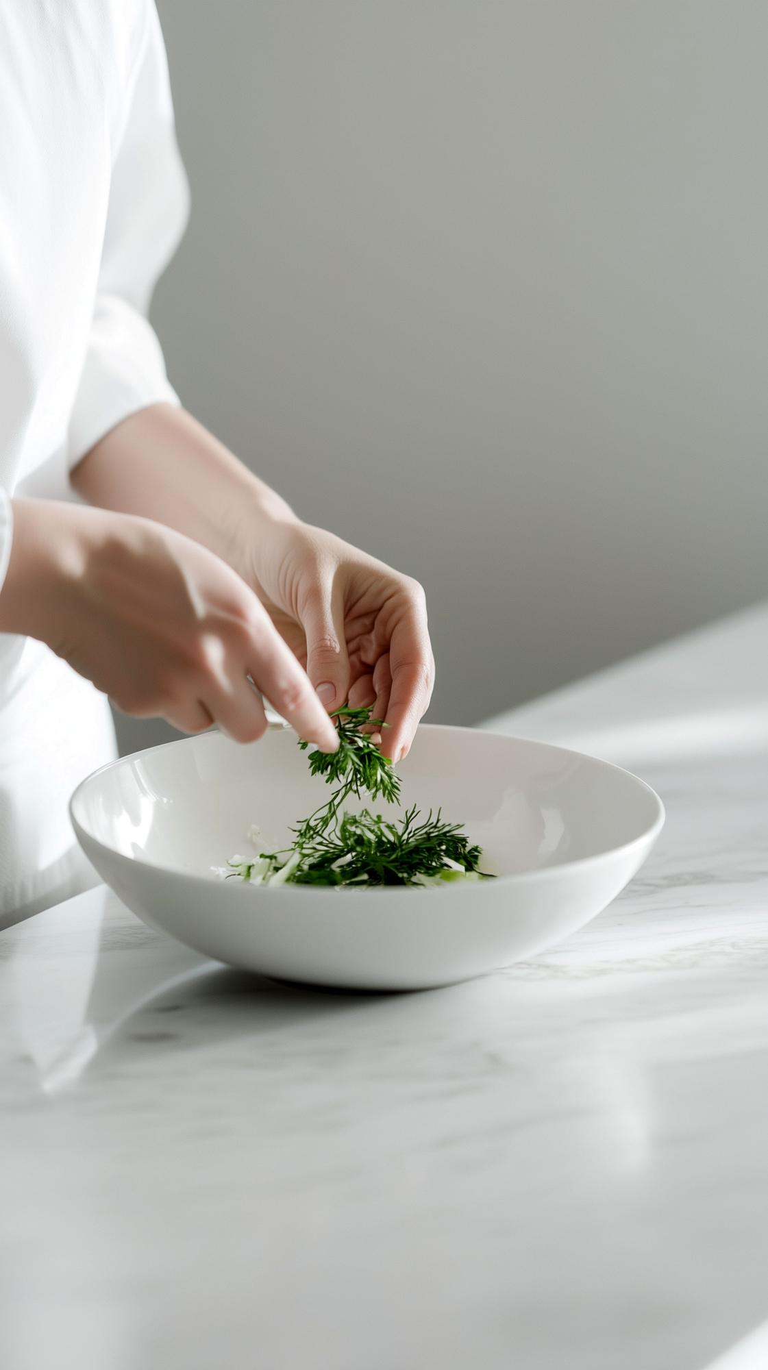 Chef assembling plated dish with herbs